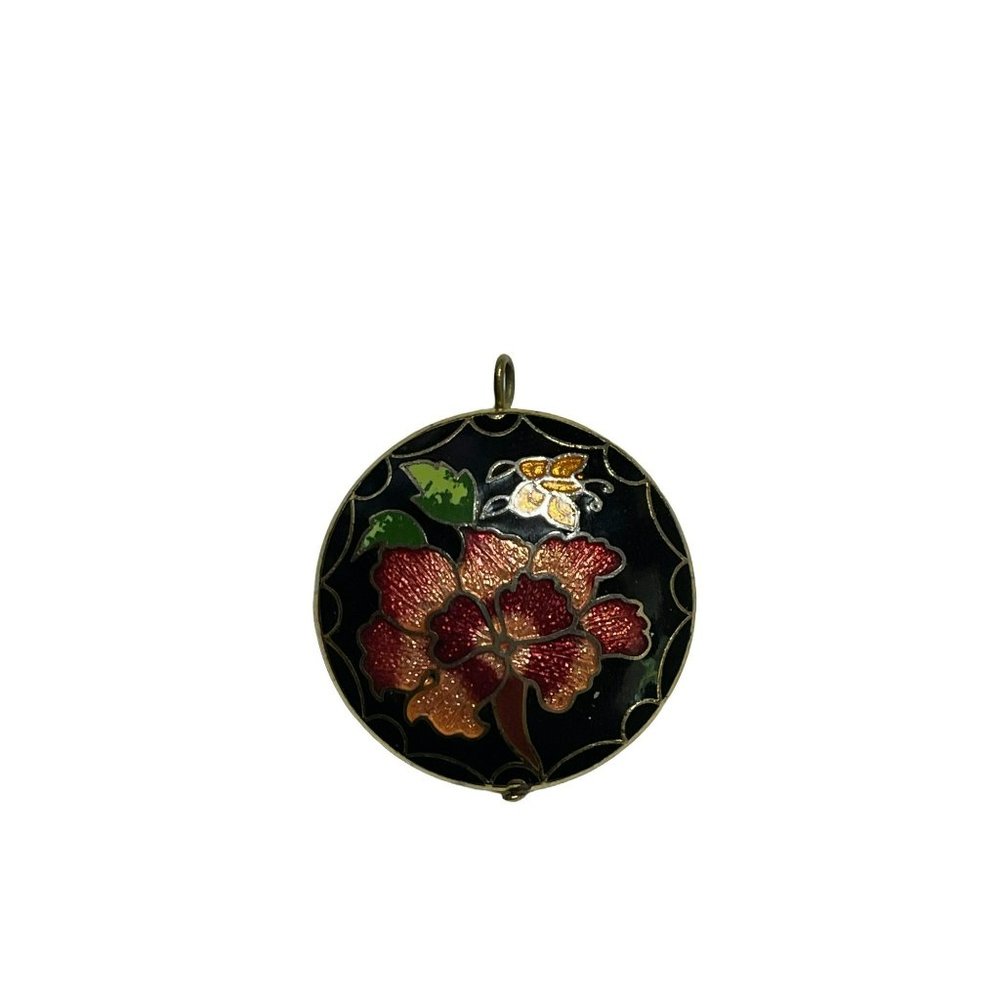Vintage Round Cloisonne Necklace Pendant Floral Butterfly Double-sided Pink